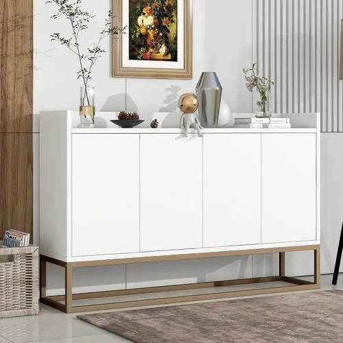 Vista 4 de Aparador moderno de gran espacio de almacenamiento con puerta de ratán artificial, mesa de consola con 4 puertas y estante ajustable, mesa de Blanco