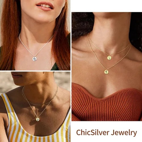 Vista 2 de ChicSilver Collar de plata de ley 925 con colgante de moneda de disco floral grabado, plata y oro (con caja de regalo)
