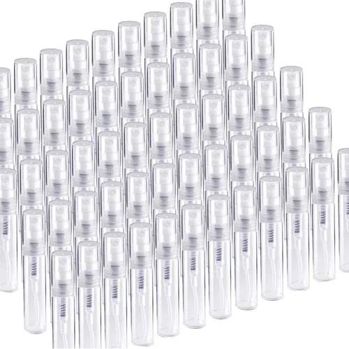 Vista 8 de Fandamei Mini botella de spray, 60 botellas de plástico transparente de 2ml (0.068 fl oz) vacías, mini botella de perfume recargable de niebla fina.