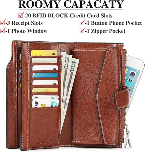 Vista 3 de SENDEFN Carteras de cuero para mujer, con bloqueo RFID, tarjetero con bolsillo con cremallera, Beige Marrón, Minimalista