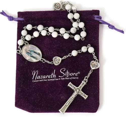 Vista 4 de Nazareth Store Cuentas de piedra natural con corazón de epoxi milagroso, cuentas de metal, collar de rosario, regalos cristianos de piedras preciosas
