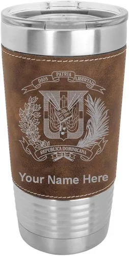 Vista 10 de LaserGram Vaso aislado al vacío de 20 onzas, escudo de armas, República Dominicana, grabado personalizado incluido (piel sintética, estilo béisbol)