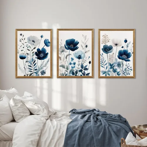 Vista 4 de DUWQU 3 piezas de arte de pared en lienzo floral azul marino, marco de madera azul marino, flores silvestres lirio, margaritas, decoración de pared