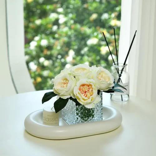 Vista 4 de Centros de Mesa de Flores de Peonía de Seda Artificial Arreglo Floral Falso en Florero de Vidrio para Decoración de Mesa de Boda en Casa (Champán)