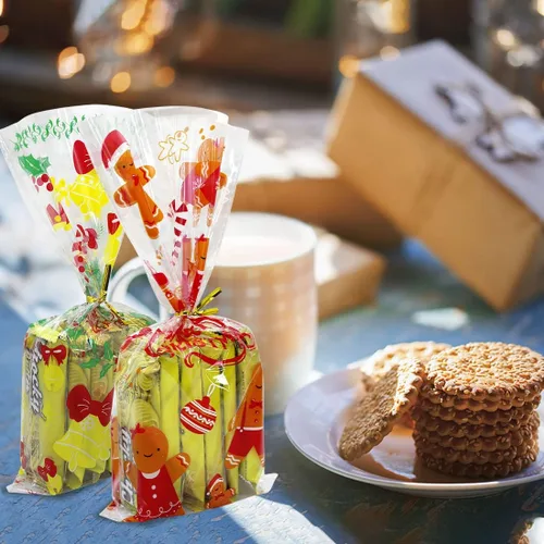Vista 8 de ZMCINER 120 bolsas de dulces de celofán de Navidad, bolsas de regalo de Navidad con lazos giratorios para suministros de fiesta de Navidad