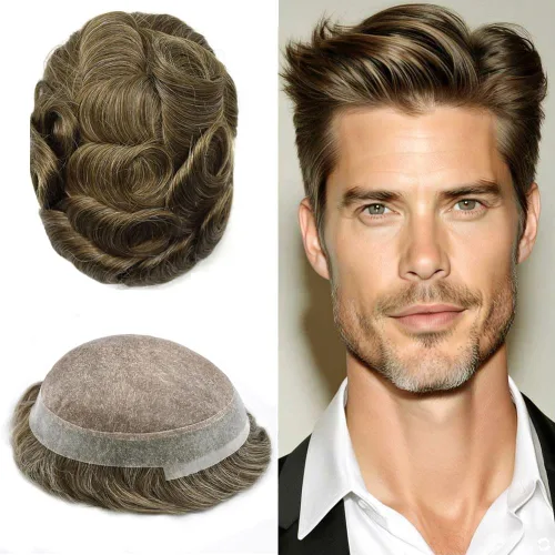 Vista 41 de Monofilamento fino para hombre, sistema de cabello humano Remy, piel de polietileno transparente alrededor del postizo de monofilamento, peluca
