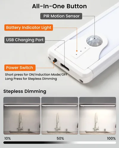 Vista 4 de Luces para debajo del gabinete de 8 pulgadas, 41 LED recargables con sensor de movimiento magnético, luz para interiores, brillo regulable de 6000