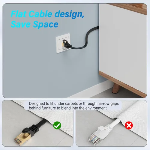 Vista 3 de Adoreen Cable Ethernet plano Cat 7 para exteriores de 10 pies, negro, cable de red de Internet blindado de alta velocidad, S/FTP, POE, cable LAN