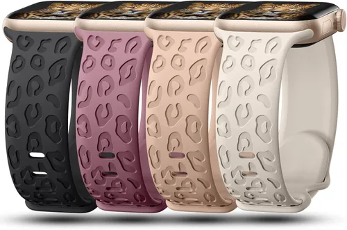 Vista 7 de CreateGreat - Paquete de 4 bandas grabadas con diseño de leopardo compatibles con Apple Watch para mujeres de 38mm 40mm 41mm 42mm 44mm 45mm 46mm