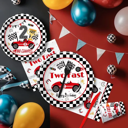 Vista 6 de Decoración de fiesta de cumpleaños de 2º cumpleaños de coche de carreras, vajilla para niños, decoración de cumpleaños de dos curiosos y dos