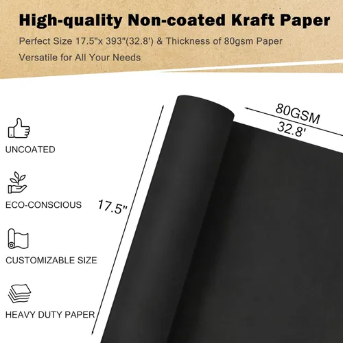 Vista 2 de RUSPEPA Rollo de papel de regalo de estraza negro, 17.5 x 393 pulgadas (32.8 pies), papel de regalo de arte negro reciclable para envolver regalos