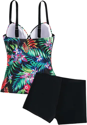 Vista 2 de Floerns Traje de baño tankini de 2 piezas con estampado tropical y tirantes delgados para mujer