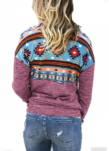 Vista 2 de Sudadera con media cremallera para mujer, casual, estampado azteca, manga larga, con bolsillo