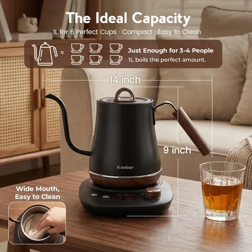 Vista 2 de Gooseneck Electric Kettle, 1.0 L, 1000W, 6 Temp Presets, LED Display Black