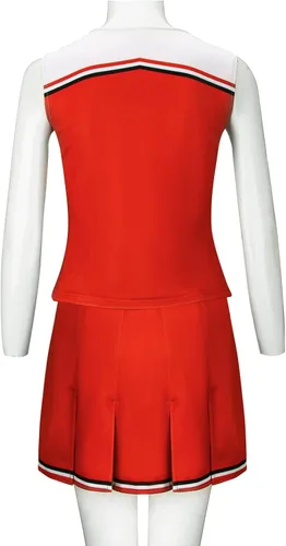 Vista 4 de Disfraz de animadora para mujer, 2 piezas, color rojo, sin mangas, falda plisada, uniformes de disfraces de Halloween