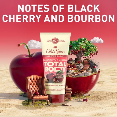 Vista 7 de Old Spice Crema desodorante para todo el cuerpo para hombres, sin aluminio, cereza negra + aroma a borbón, protección contra olores 24/7, frescura