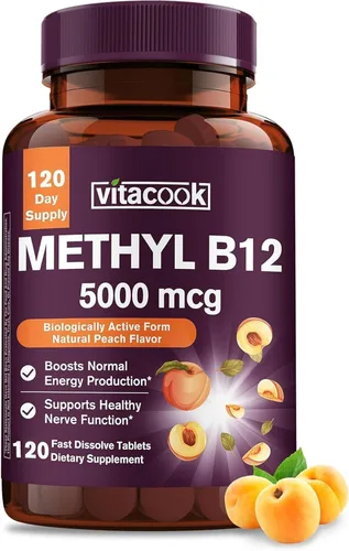 Vista 9 de Vitamina B12 sublingual, metilcobalamina 5000mcg para la producción de energía Energía, apoyo nervioso y celular, sabor natural a melocotón