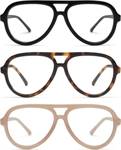 Vista 8 de AMOMOMA Paquete de 3 Gafas de Lectura Aviador Retro Extragrandes para Mujeres y Hombres, Marco Grande Clásico con Filtro de Luz Azul