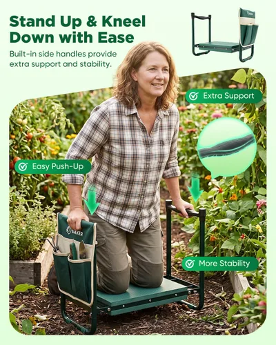 Vista 3 de Saker Taburete de jardín con soporte resistente de 400 libras, asiento de jardín plegable para plantar malezas, prácticos accesorios de jardinería