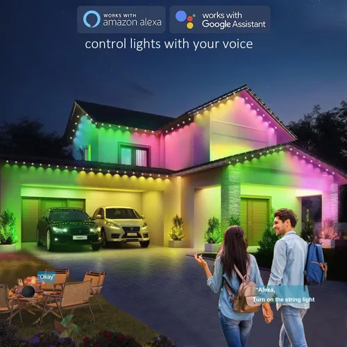 Vista 4 de Rosykite Luces de Navidad al Aire Libre - 50 pies de luces inteligentes RGB+IC para canalones con 63 escenas, impermeables IP67, control de voz