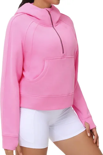Vista 5 de THE GYM PEOPLE Sudaderas con capucha para mujer, media cremallera, manga larga, forro polar, con bolsillos, agujero para el pulgar