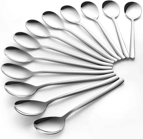 Vista 7 de Cucharas coreanas, 6 cucharas mezcladoras de acero inoxidable, cucharas de arroz de 8 pulgadas con mango plano largo, diseño poco profundo para una