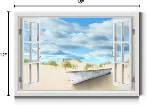 Vista 8 de Renditions Gallery Lienzo decorativo para pared, vista de barco viejo atracado en la playa de arena blanca, obra de arte para colgar en la pared
