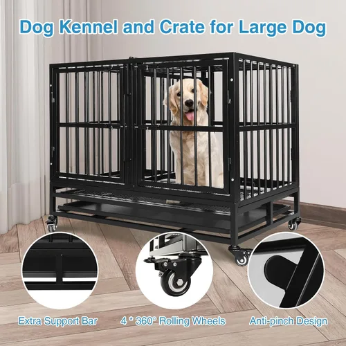 Vista 4 de Jaula indestructible para perros de 37 pulgadas con panel divisor extraíble, jaula resistente para mascotas para dos perros con ruedas de bandeja