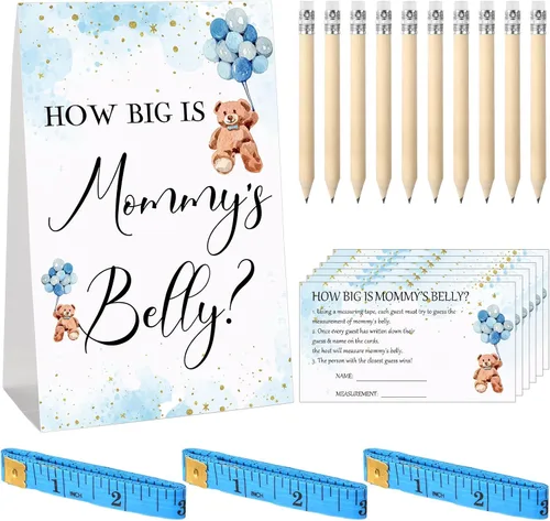 Vista 118 de Sabary 64 Piezas Juegos de Baby Shower Incluyen Letrero How Big is Mommy's Belly Sign Measure Bump Game 50 Tarjetas 10 Lápices 3 Cintas Métricas