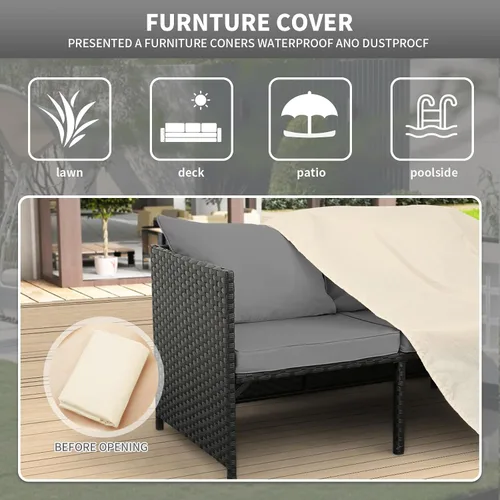 Vista 6 de Valita Juego de muebles de ratán PE para exteriores, 3 piezas, para patio, sofá biplaza de conversación de mimbre negro, sofá seccional, cojín gris