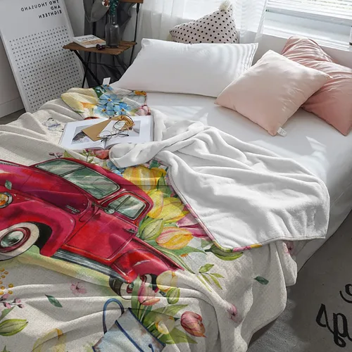 Vista 7 de Manta de Pascua de camión rojo, tulipán, manta suave y cálida, manta de franela de flores y mariposas para sofá, cama, manta para el Día