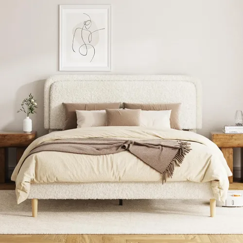Vista 9 de Boucle Upholstered Bed Frame with Adjustable Headboard Height, No Box Spring Needed, Noise Free Platform Bed Frame, Teddy Soft Fabric Bed Base, 1000