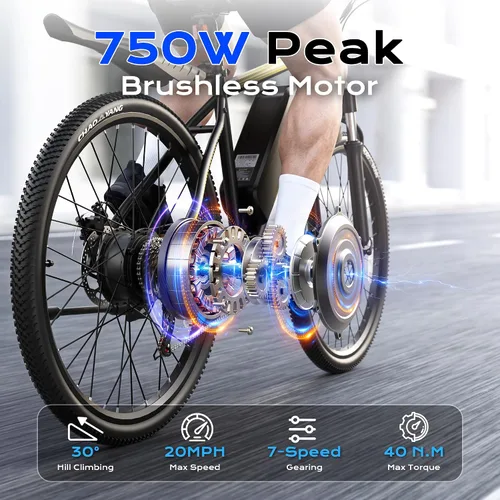 Vista 2 de Bicicleta de montaña eléctrica para adultos, motor de pico de 750 W, bicicleta eléctrica de 22 MPH, batería de 48 V, 50 millas, bicicleta eléctrica