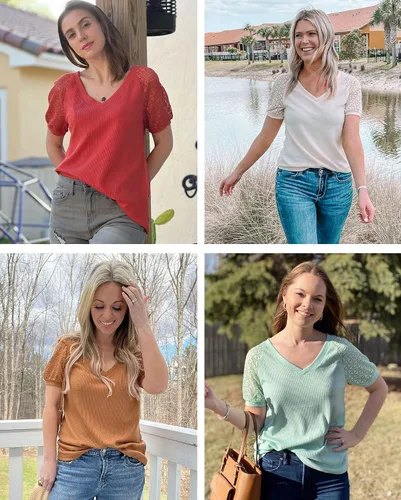 Vista 5 de MEROKEETY - Blusa de manga corta con cuello en V y encaje, de verano, para mujer