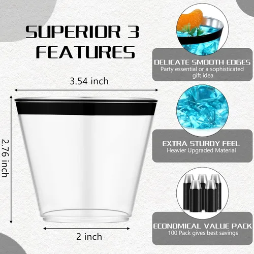 Vista 2 de Lounsweer 100 piezas de vasos de plástico con borde de 9 onzas, vasos de cóctel transparentes para boda, vasos de vino desechables resistentes