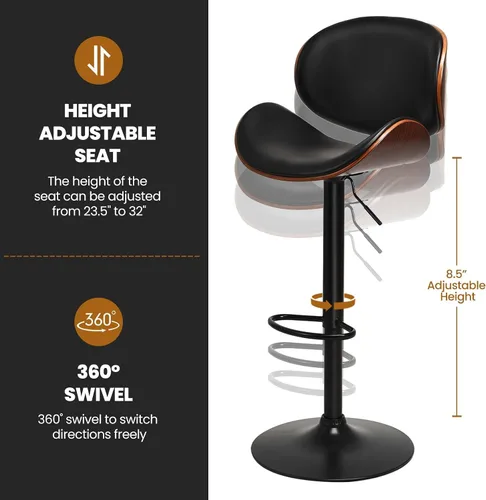 Vista 7 de NAFORT Juego de 2 taburetes de bar ajustables en altura de mostrador con asiento y respaldo de madera curvada, modernos taburetes de bar de piel