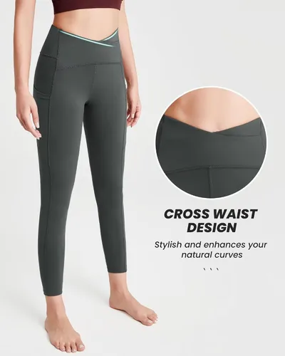 Vista 3 de QUEENIEKE Leggings cruzados para mujer, cintura alta, suaves, con control de abdomen, pantalones de yoga con bolsillos