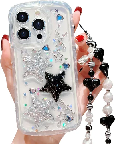 Vista 32 de Compatible con iPhone 11 Pro Funda Transparente Bonita con Diseño de Estrella con Purpurina en 3D con Perlas y Pulsera de Perlas, Diseño de Cadena