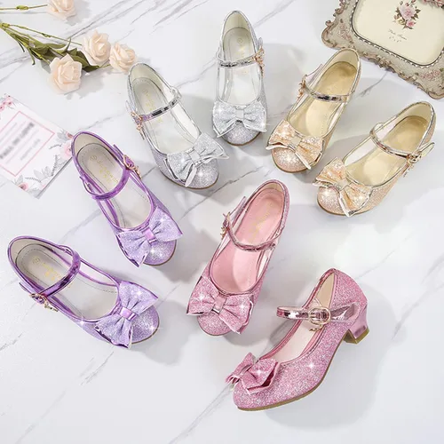 Vista 6 de Zapatos de vestir para niñas con lazo de princesa y tacón alto Mary Jane con purpurina, para fiesta de boda para niños pequeñosgrandes