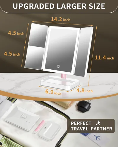 Vista 4 de BERTHALESS Espejo de maquillaje recargable con luces, 14.4 pulgadas de largo x 9.1 pulgadas de ancho, espejo de tocador iluminado para mesa, aumento