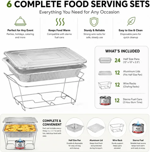 Vista 3 de Chafing Dish Buffet - Kit de servicio de 42 piezas con combustible, estantes, sartenes de aluminio, utensilios y encendedores