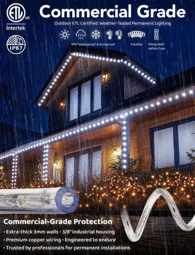 Vista 2 de luces LED en cuerda de 3/8 pulgadas color blanco -Tubo IP65 de PVC de cristal claro resistente al agua. Luces de decoración navideñas Blanco fresco