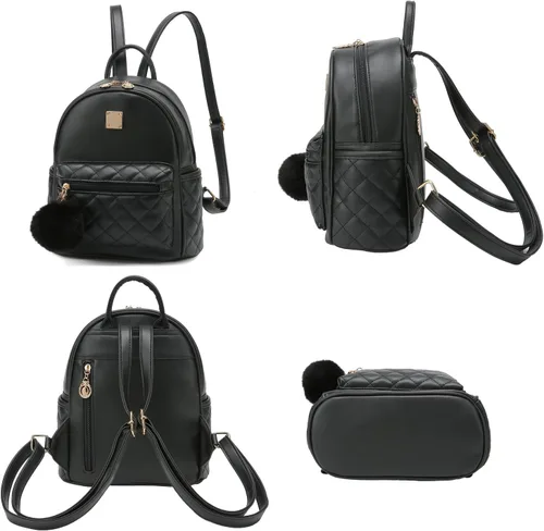 Vista 3 de Mini mochila de moda para niñas, bolso pequeño lindo de cuero a cuadros para mujer, mochilas pequeñas, Negro -, Mini mochila de moda para niñas