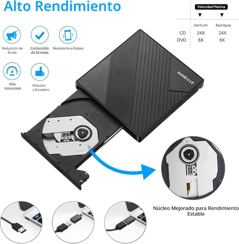 Vista 4 de Amicool - Unidad externa de DVD USB 3.0, USB C, grabadora de CD/DVD +/-RW, unidad óptica, reproductor de DVD portátil delgado, lector de reescritor