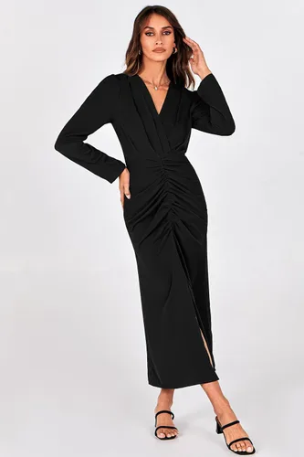 Vista 6 de PRETTYGARDEN Vestido largo de otoño para mujer, manga larga, cuello en V profundo, abertura fruncida, casual, formal, elegante, vestido de cóctel