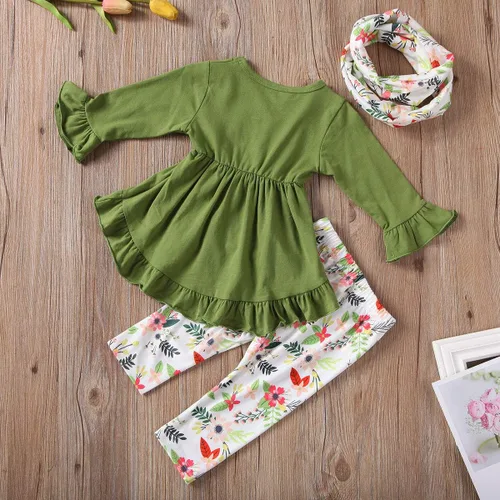 Vista 3 de Conjunto de ropa de invierno para niñas pequeñas, con volantes, con parte superior de túnica a rayas, 2