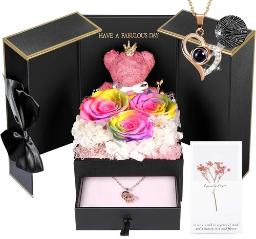 Vista 20 de AddWel Regalos de rosas para mujer, rosas azules reales preservadas con collar I Love You en 100 idiomas y lindo oso de musgo para novia, esposa