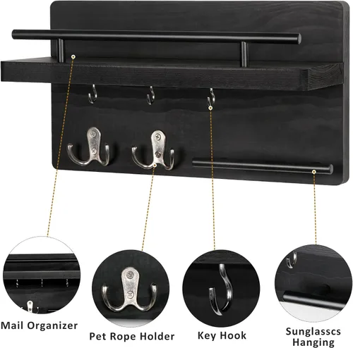Vista 3 de OurWarm Soporte para llaves de pared con 5 ganchos para llaves, para colgar en la pared, con estante para llaves y correo, organizador de correos