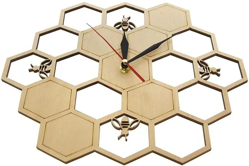 Vista 3 de XDG Reloj de pared de madera natural con diseño de abejas y panal de abeja, arte de pared, diseño de abeja, miel, contemporáneo, para decoración