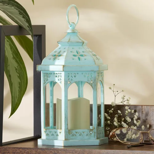 Vista 7 de Kate Aspen Linterna LED azul hexagonal envejecida (juego de 2) – Decoración rústica para el hogar, linterna de decoración de estantes, hexagonal